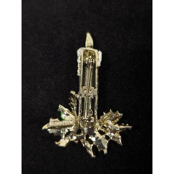 Vintage Gerrys Christmas Candle Brooch Gold Tone Textured Green Holly Pin - Picture 6 of 9